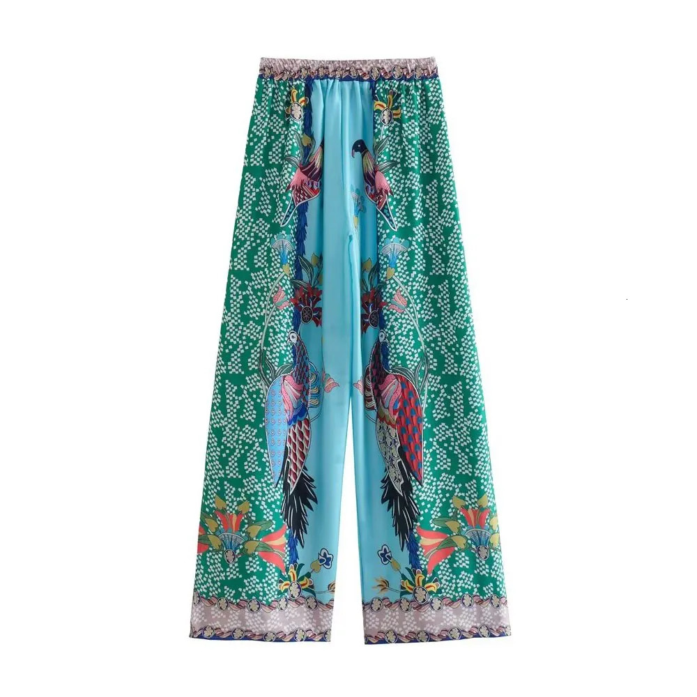 ZAR SpringSummer Womens Clothing Positioning Print Set Long sleeved Shirt High Waist Wide Leg Pants 240515