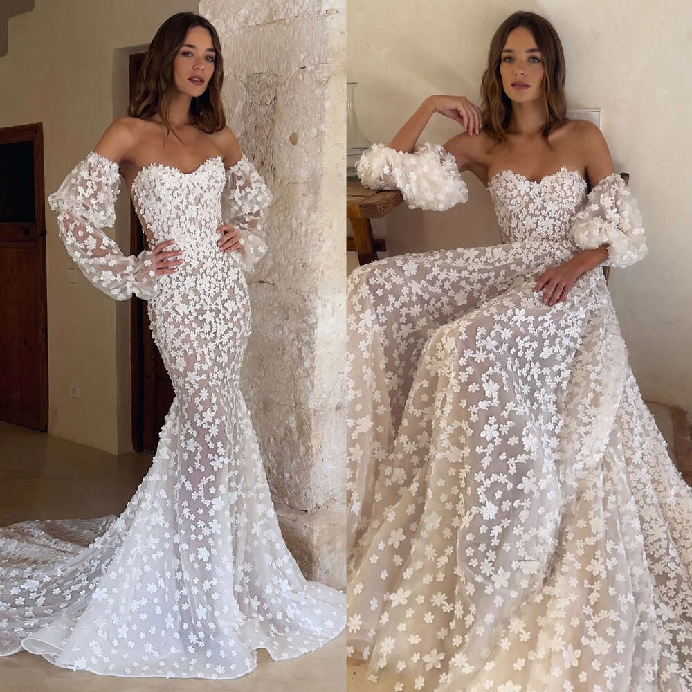 Gorgeous Chart Mermaid Wedding Dress Sweetheart Long Sleeves Lace Wedding Dresses Bridal Gowns Appliques Sweep Train Designer Boho Robe De Mariage 051