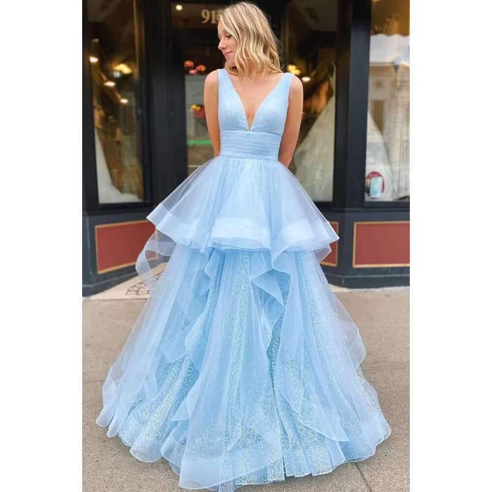 V Neck Layered Ruffles Prom Dress Tulle Ball Gown for Women Princess Quinceanera Dresses 2023 prom AMZ