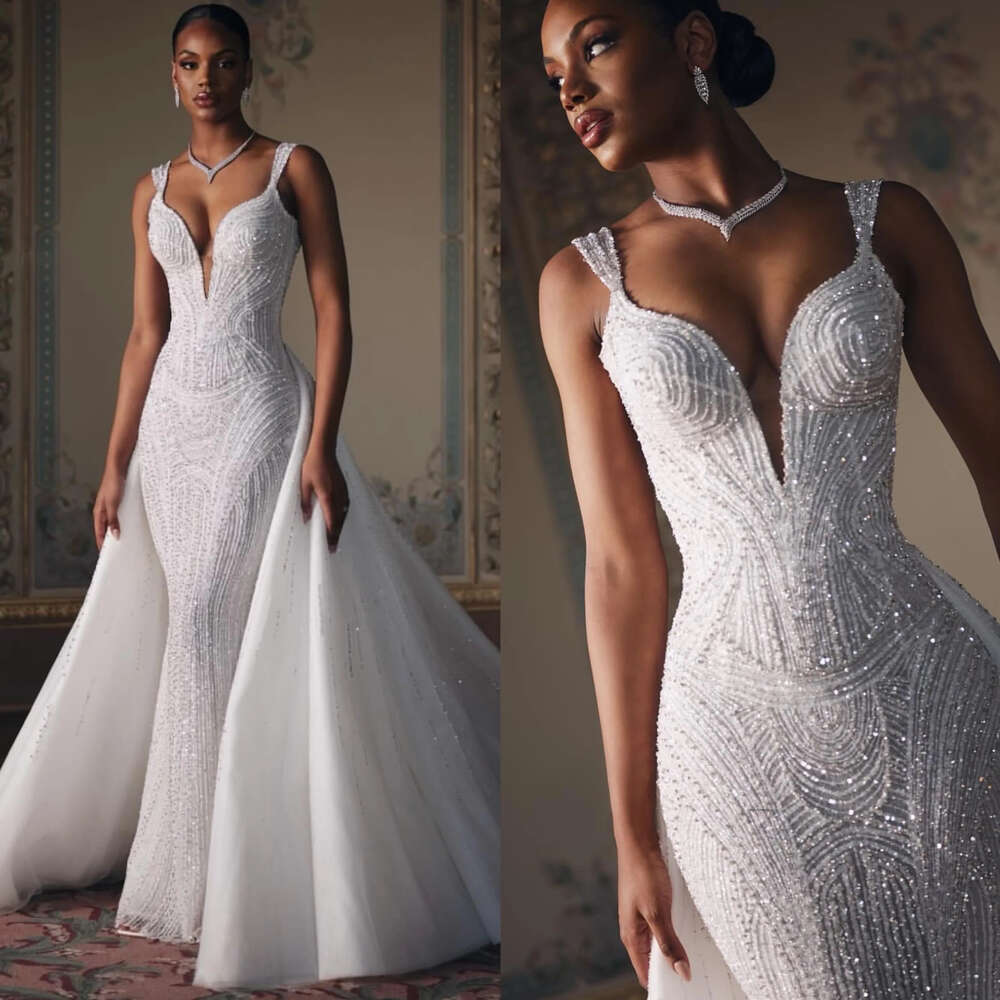 Vintage Crystal Mermaid Wedding Dress Overskirts Straps Beaded Wedding Dresses Bridal Gowns Sweep Train Designer Bride Dress 0515