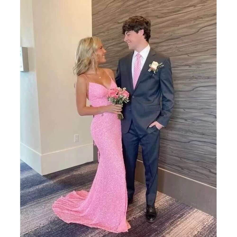 Spaghetti Straps Sequin Prom Dresses V Neck Mermaid Evening Gown with Slit Sparkly Formal Dress prom AMZ