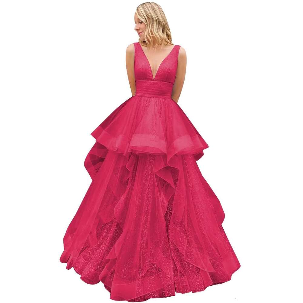V Neck Layered Ruffles Prom Dress Tulle Ball Gown for Women Princess Quinceanera Dresses 2023 prom AMZ
