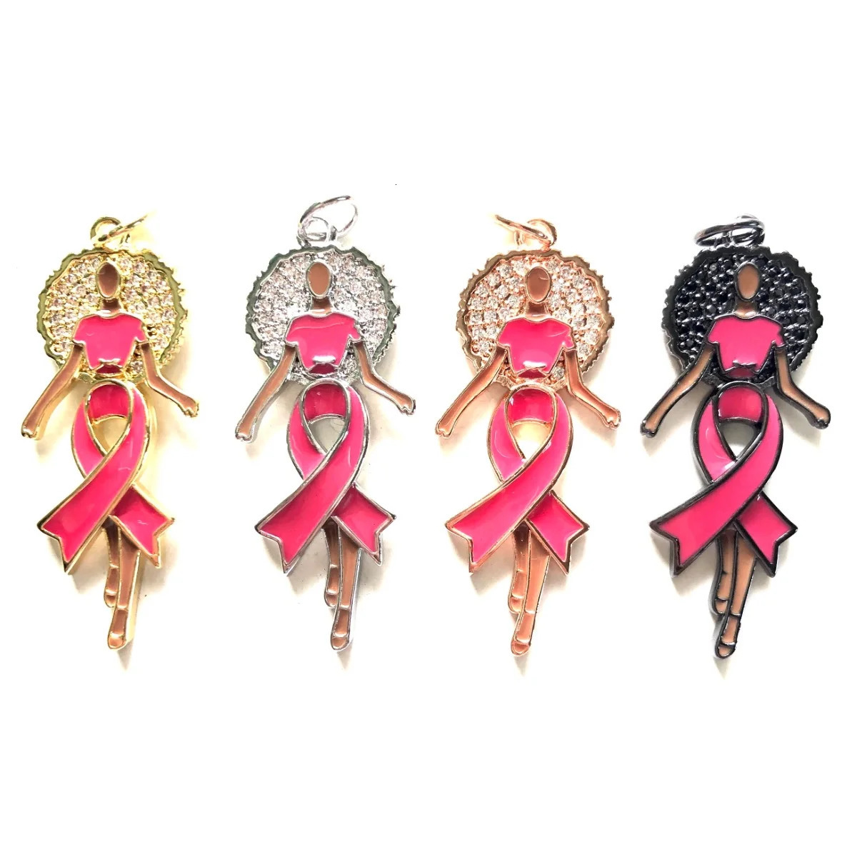 5pcs Enamal Pink Ribbon Afro Black Girl Charms Zirconia Pave Breast Cancer Awareness Pendants for Women Bracelet Necklace Making 240514
