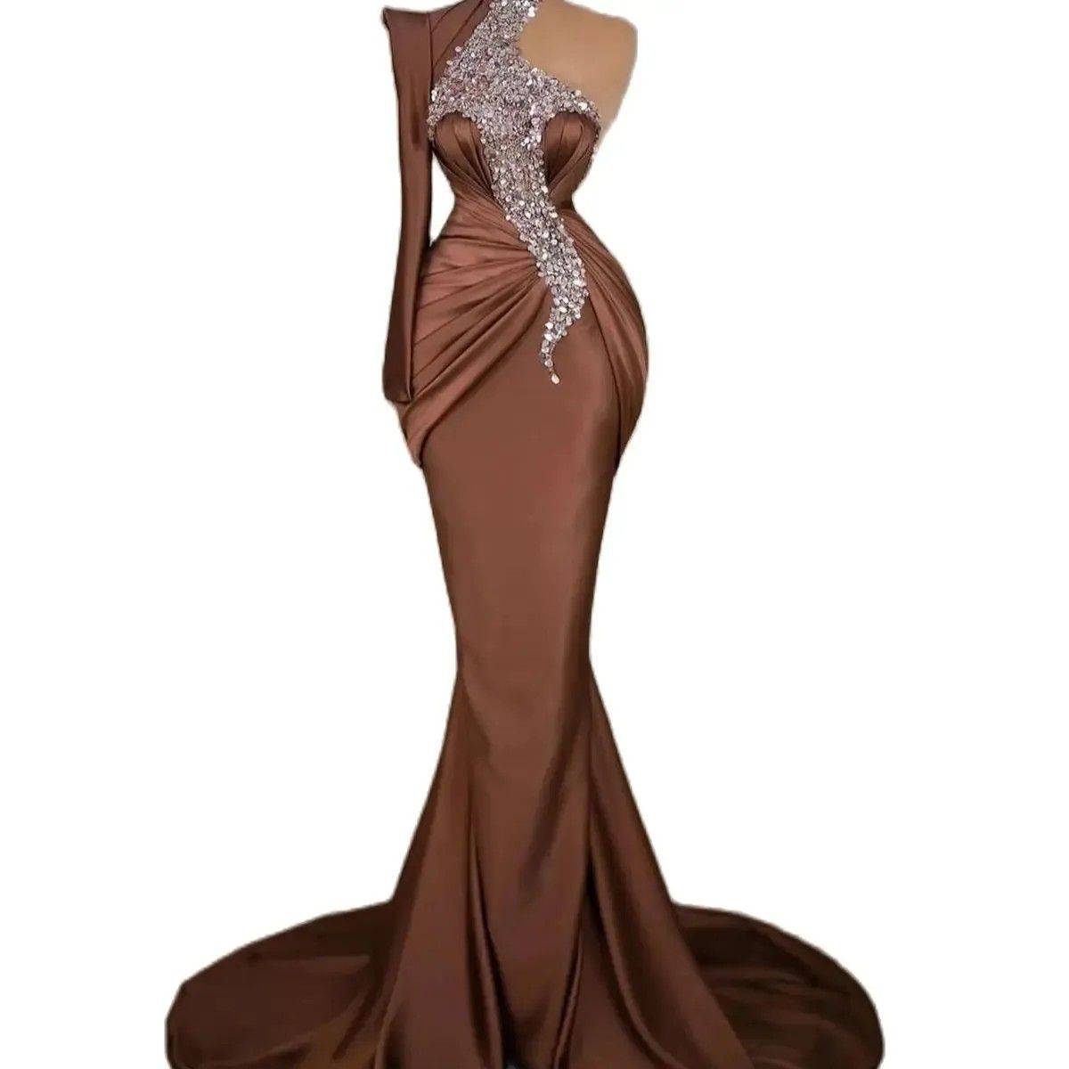 2024 Brown Plus Size Arabic Prom Dresses Crystal Beaded One Shoulder Mermaid Satin Evening Formal Party Bridesmaid Gowns Dress Long Sleeve