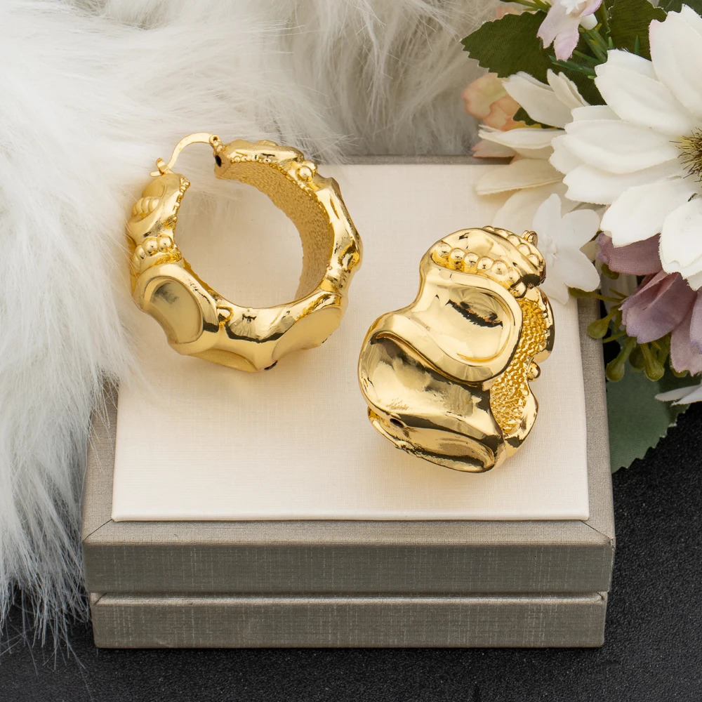 Dubai Gold Color Hoop Earrings for Ladies Weddings Bride Round Dangle African Daily Wear Exquisite Jewellery Gifts 240515