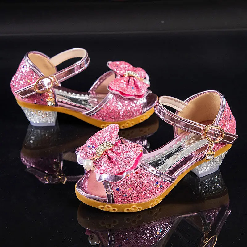 Girls Sandals Summer Childrens Princess Shoes Little Girls High-heeled Bow-knot Crystal Sandals Party Dress Wedding 240515