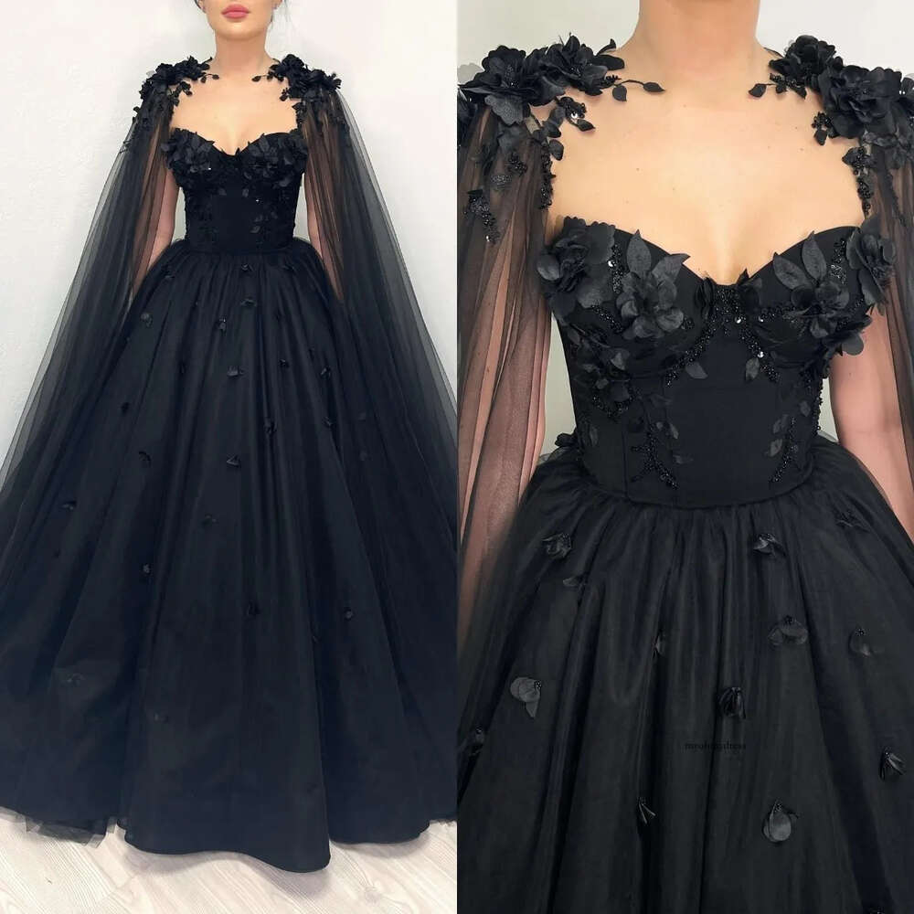 Gorgeous A Line Gothic With Wrap Sweetheart Wedding Dresses Bridal Gowns 3D Appliques Lace Up Back Country Black Robe Mariage 0515