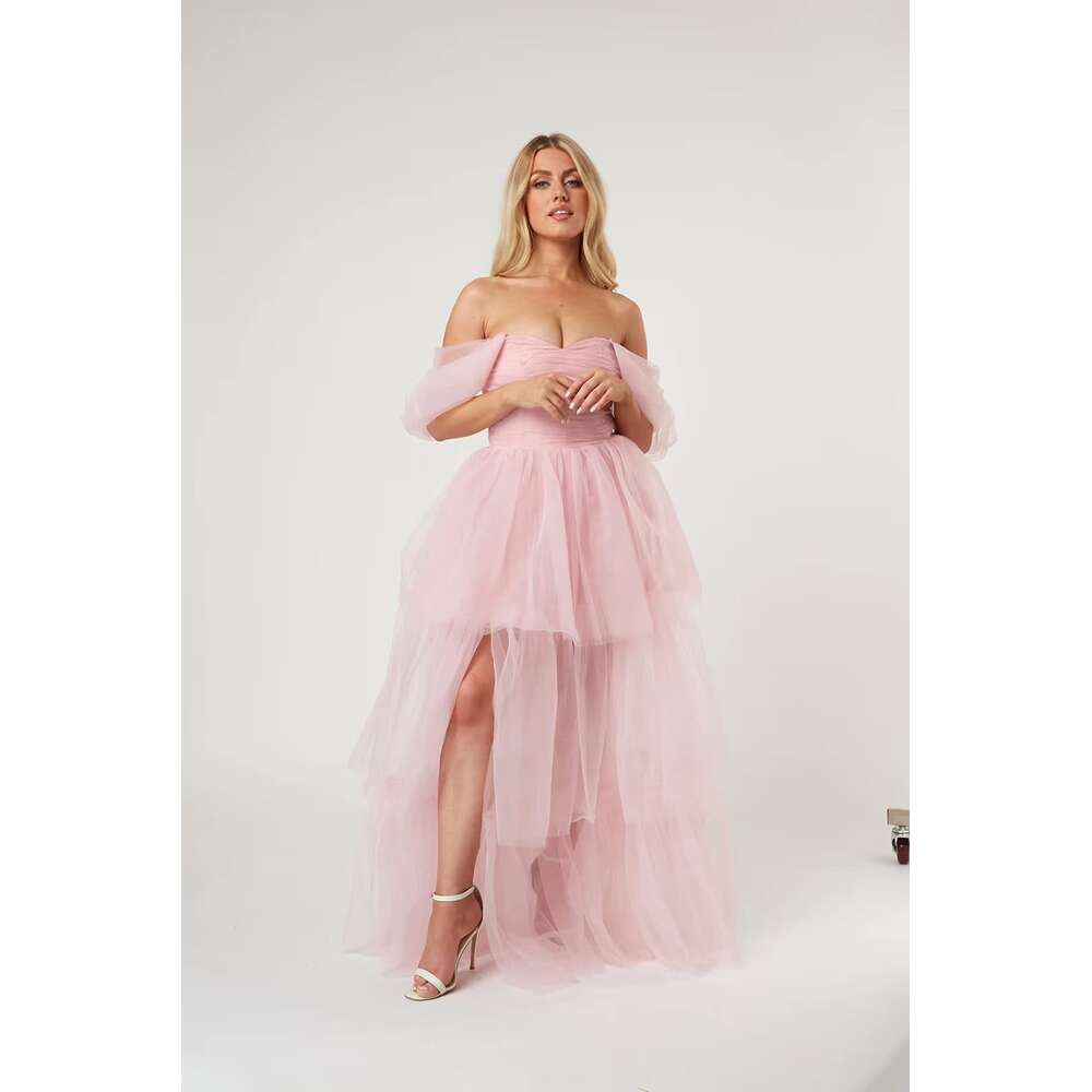 Off The Shoulder Tulle Prom Layered Ruffles Ball Gown for Women Formal Maxi Dresses with Split prom AMZ