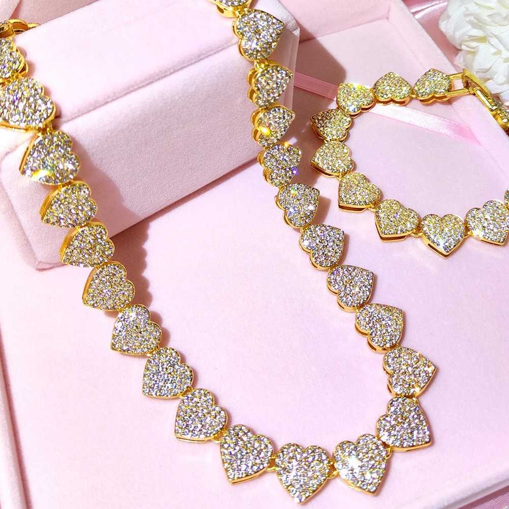 Tennis Crystal Heart Cuban Chain Necklace for Women 15mm Shiny All Rhinestone Set Heart shaped Tennis Chain Necklace Hip Hop Jewelry d240514