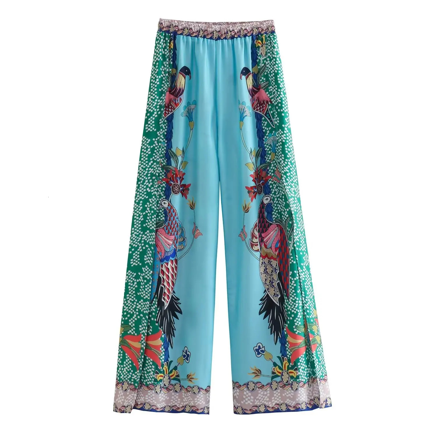 ZAR SpringSummer Womens Clothing Positioning Print Set Long sleeved Shirt High Waist Wide Leg Pants 240515