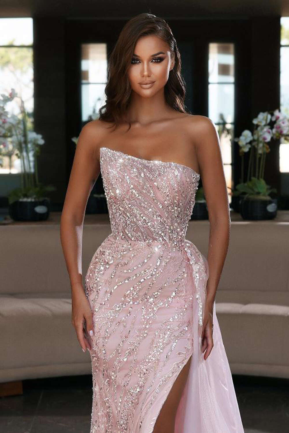 Tulle Evening Dresses Crystal High Split Sequined Strapless Mermaid Beaded Formal Party Prom Gowns Vestidos De Gala 6660306