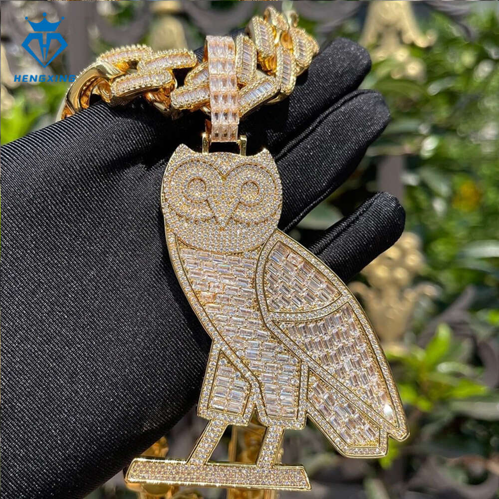 Hip Hop Jewelry Sier Rose Gold Plated Baguette Cut VVS Moissanite Animal Owl Pendants Charms Necklace Men And Women