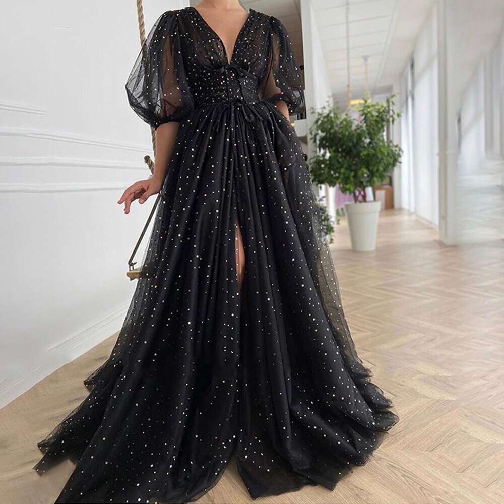 Starry Tulle Puffy Sleeve Prom Dress A Line Split Formal Long Sparkle V Neck Ball Gown Evening Party Gowns prom AMZ