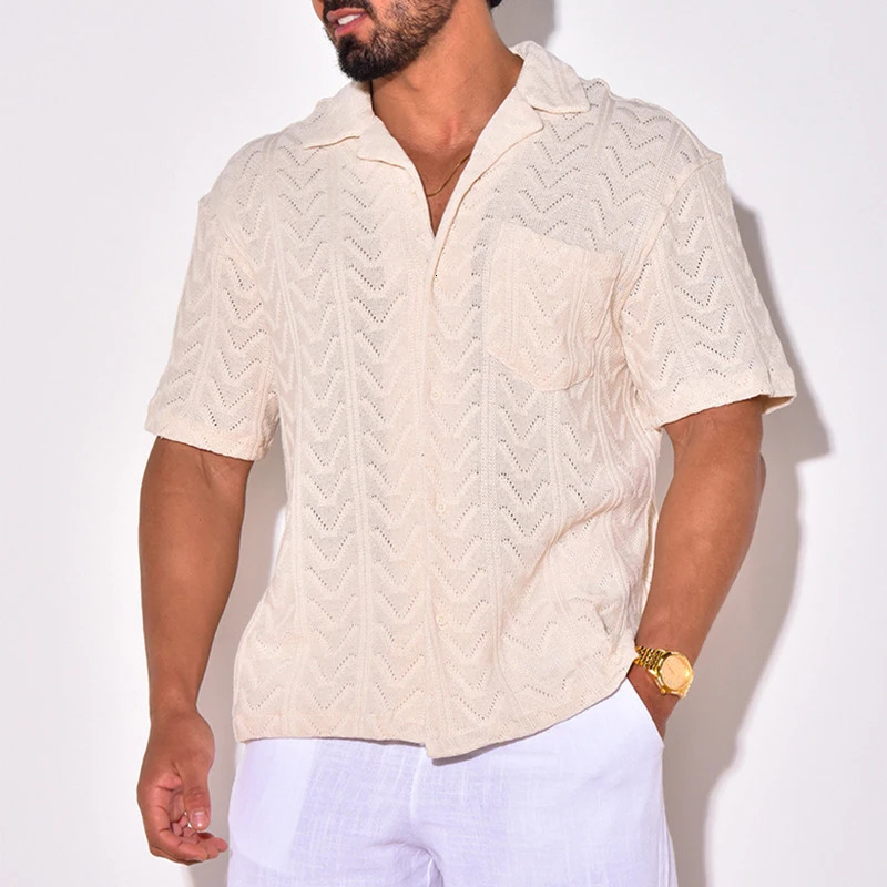 Summer Trendy Breathable Knit Mens Shirt Short Sleeve Lapel Buttoned Knitted Tops Beach Style Vintage Jacquard Crochet Knitwear 240506