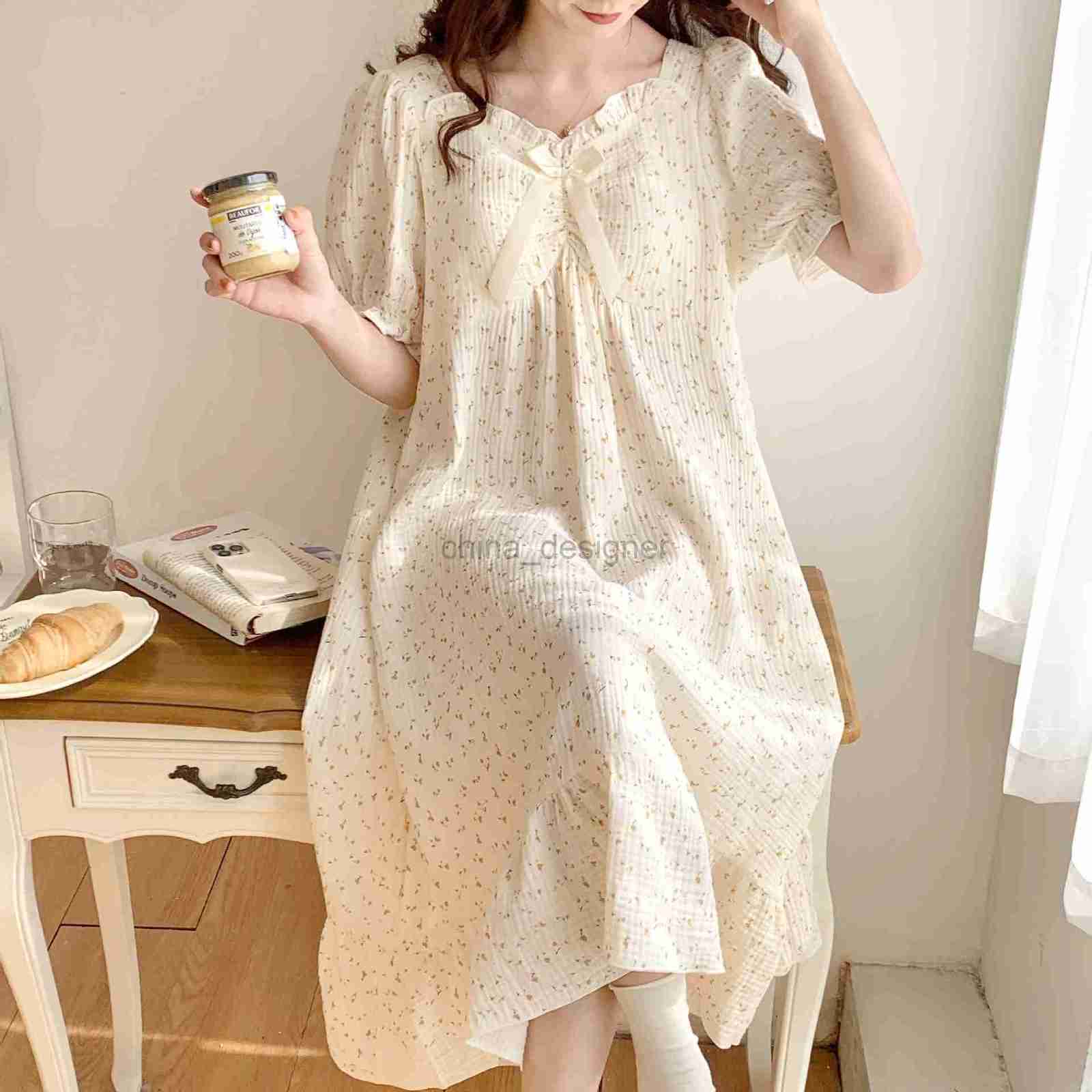 Women's summer pure cotton gauze short sleeved medium length dress with chest pad for sleeping, can be worn as a sweet maternity home outfit