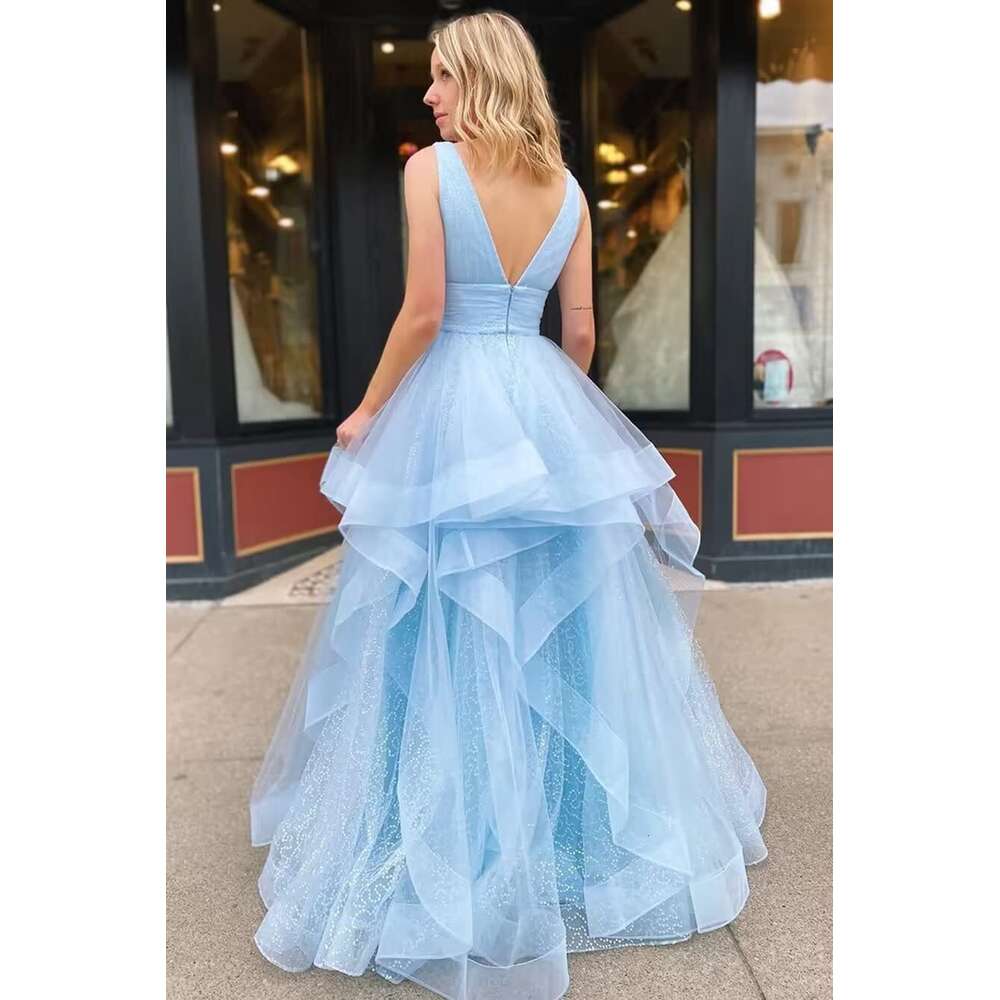 V Neck Layered Ruffles Prom Dress Tulle Ball Gown for Women Princess Quinceanera Dresses 2023 prom AMZ