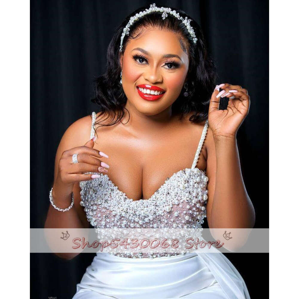 Aso Ebi Pearls Beaded Wedding Dresses 2023 Sexy Spaghetti Straps Satin Mermaid Bridal Gowns African Sweep Train Vestidos