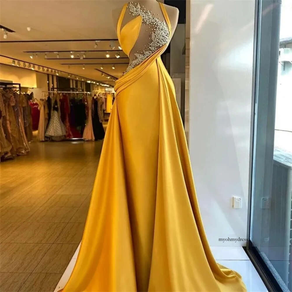 Mermaid Evening Dresses Bright Yellow Beaded Lace Appliques Sexy Top Illusion Prom Gowns Elegant Satin Vestido De Novia 0515