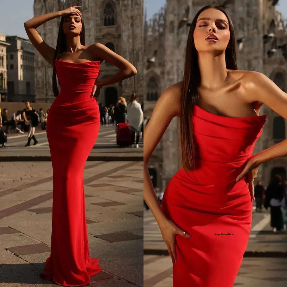Sexy Red Prom Dresses Strapless Party Evening Dress Pleats Formal Long Special Ocn Dress 0515