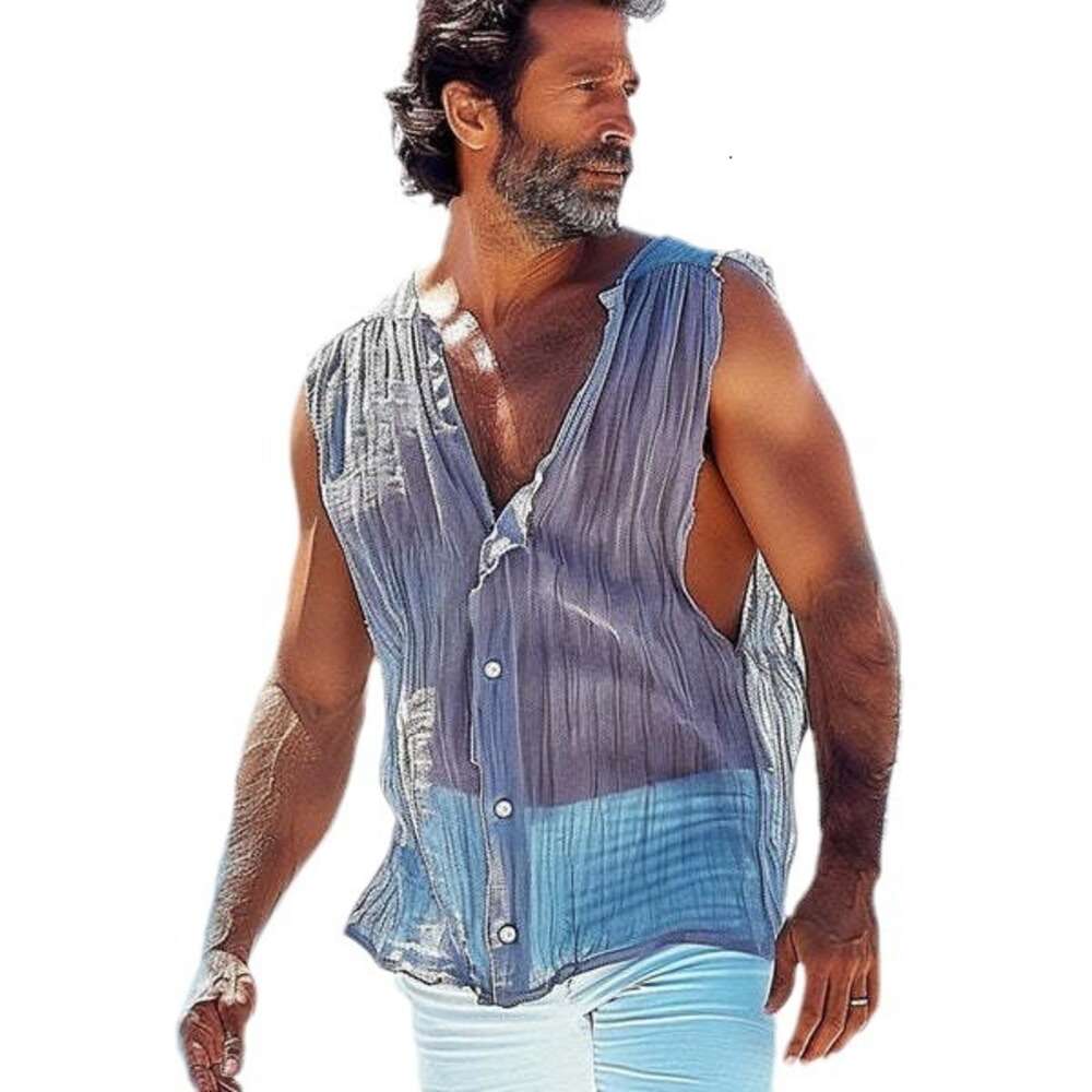 New men's sleeveless vest, solid color V-neck, summer casual fashion button top, versatile temperament M515 30 ddmymarket