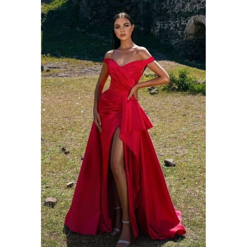 MARSEN Off The Shoulder A Line for Birde Satin prom Ball Gown with Slit Pleated Formal Evening Dresses prom AMZ
