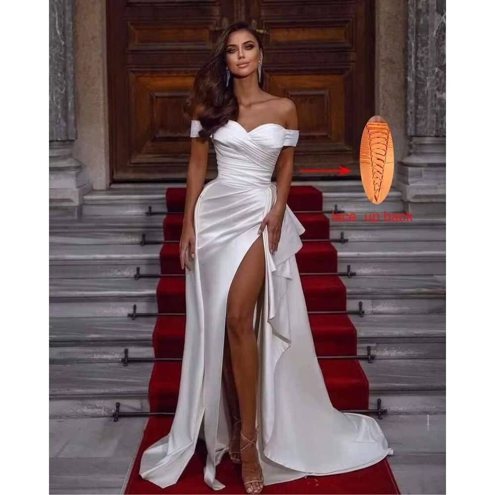 MARSEN Off The Shoulder A Line for Birde Satin prom Ball Gown with Slit Pleated Formal Evening Dresses prom AMZ