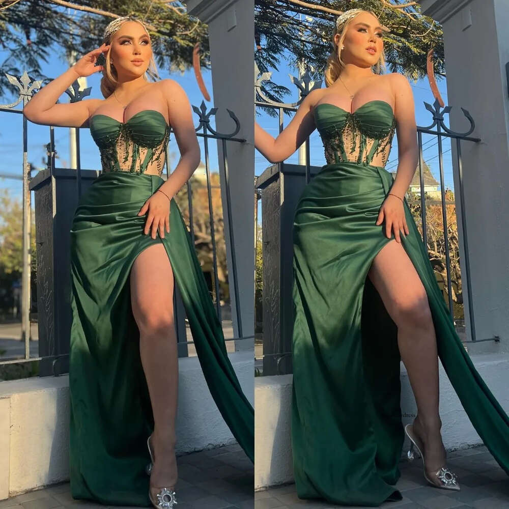 Elegant Dark Green Evening Dresses Appliques Sweetheart Illusion Party Prom Split Sweep Train Long Dress For Special Ocn 0515