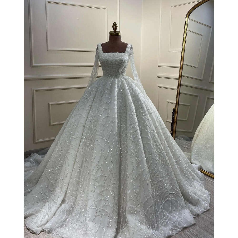 Stunning Crystal Ball Gown Wedding Dress For Bride Square Long Sleeves Wedding Dresses Sweep Train Ruffle Designer Bridal Gowns 0515