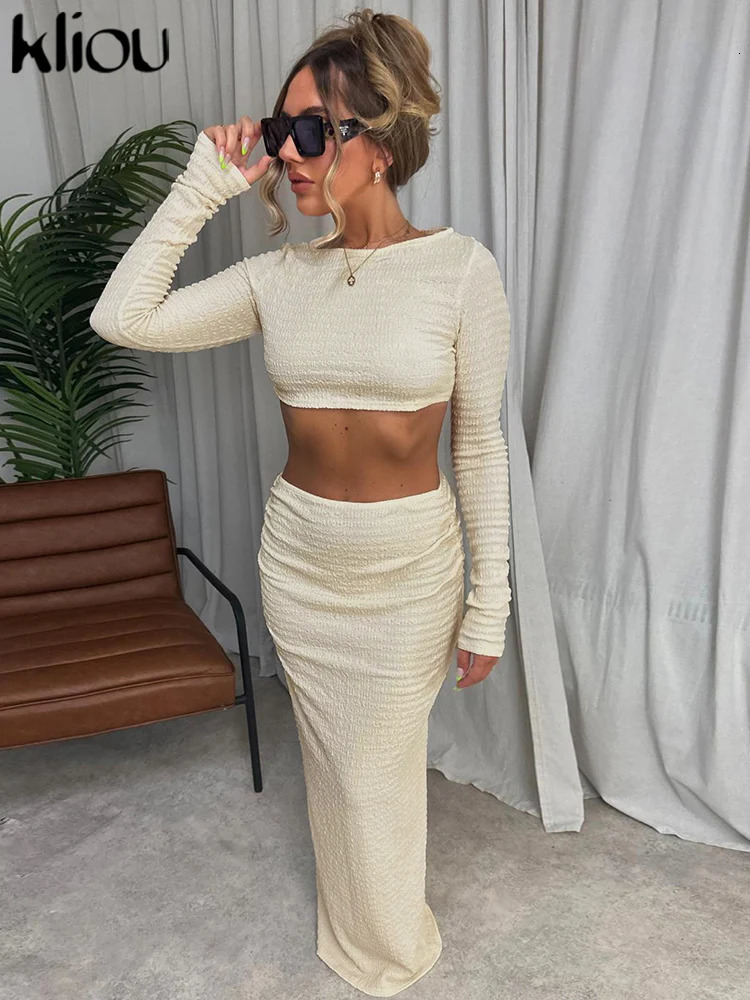 kliou Autumn Women Two Piece Set Elegant Casual Solid Long Sleeve Crop TopsHip Skirt Matching Outfit Office Lady Softy Clothing 240515