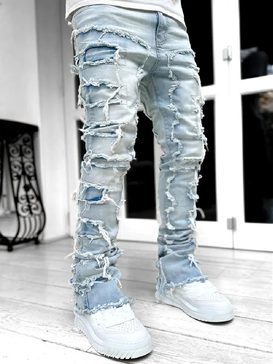 Ripped Jeans Male Retro Trend Street Style Fashion Spliced Slim Versatile Men Casual Straight Denim Pants 240430