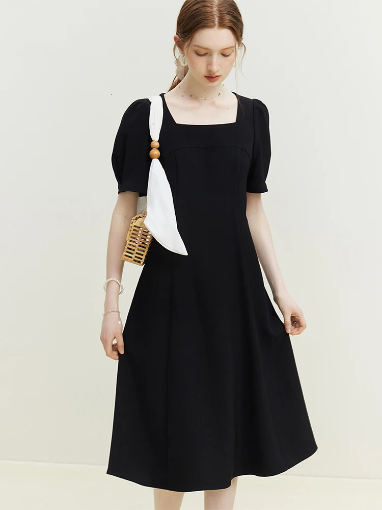 FSLE Back Hollowed Out Bow Tie Dress For Womens Summer French Style Square Neck Women Casual Loose 240513