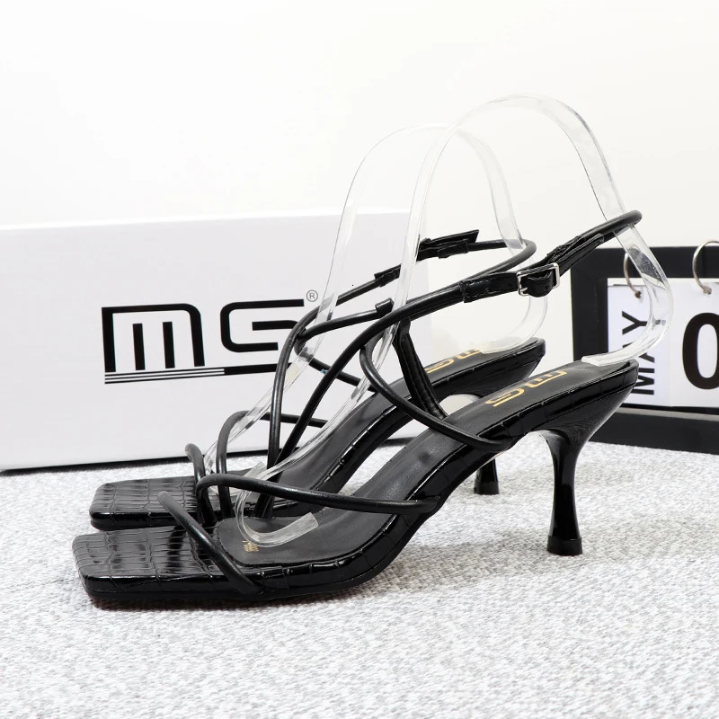elegant woman heeled sandals summer square toe sexy Plaid high-end womens shoes with thin heels high heels Female shoes 240514