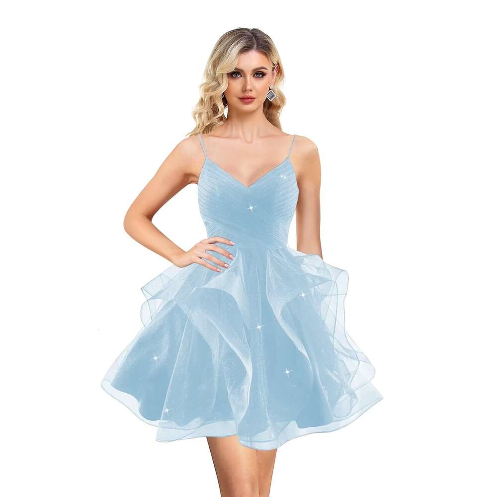 Glitter V Neck Tulle Homecoming Layered Ruffles Short Prom Spaghetti Straps Mini tail Dresses for Teens prom AMZ