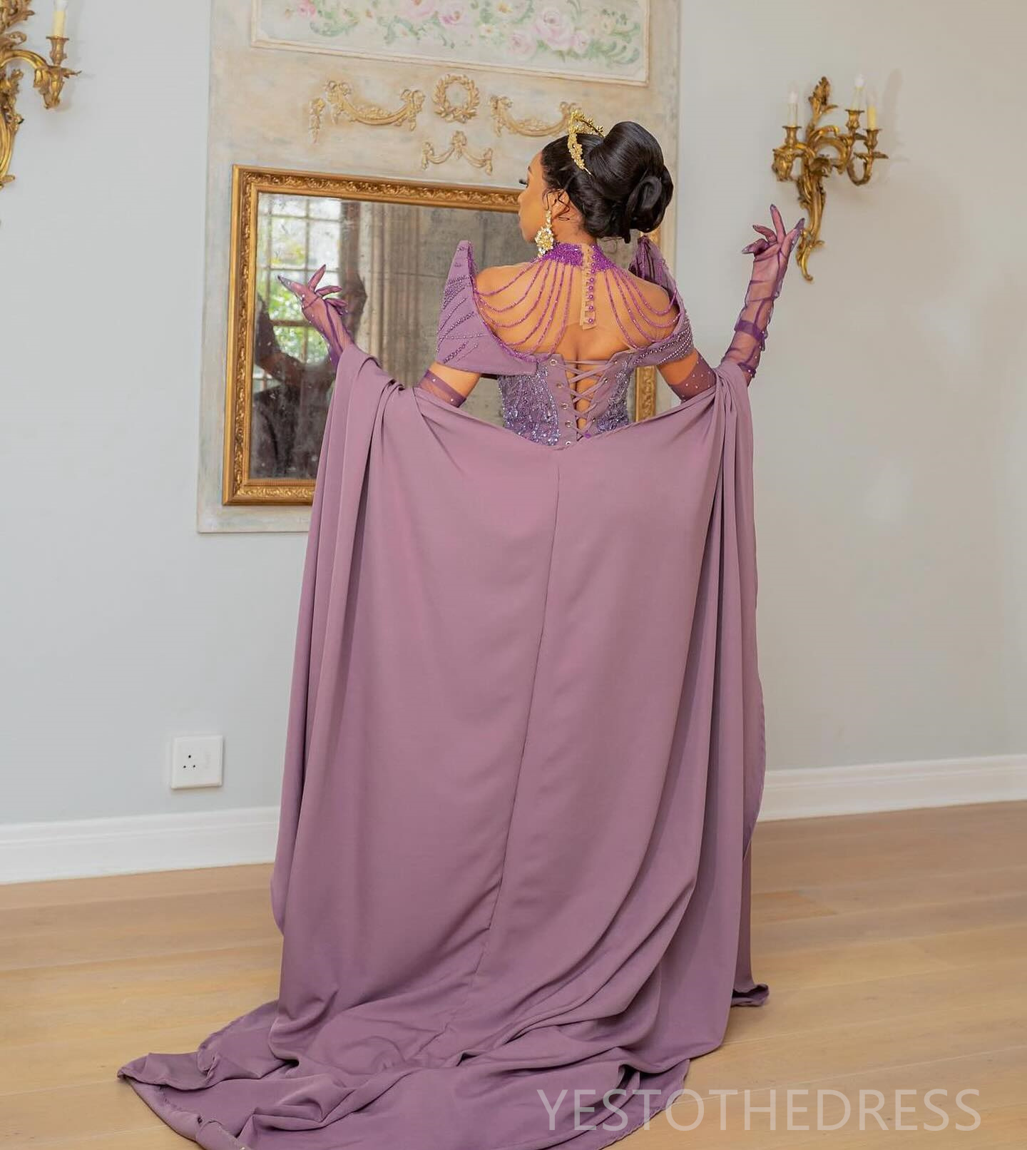 2024 Lilac Plus Size Prom Dresses for Special Occasions Promdress Illusion High Neck Beaded Rhinestones Lace Crystals Tassel Birthday Second Reception