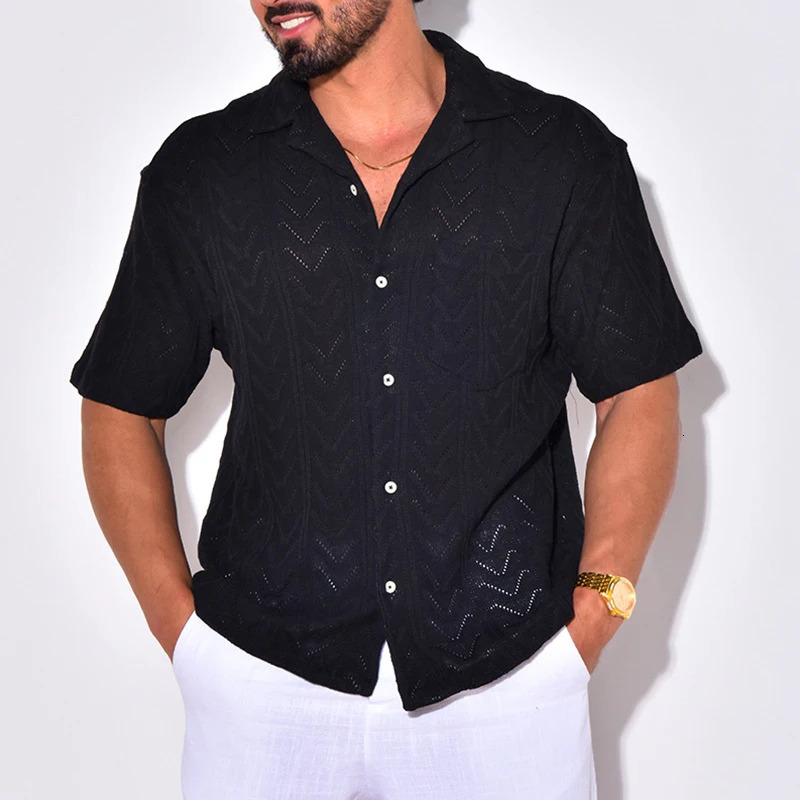 Summer Trendy Breathable Knit Mens Shirt Short Sleeve Lapel Buttoned Knitted Tops Beach Style Vintage Jacquard Crochet Knitwear 240506