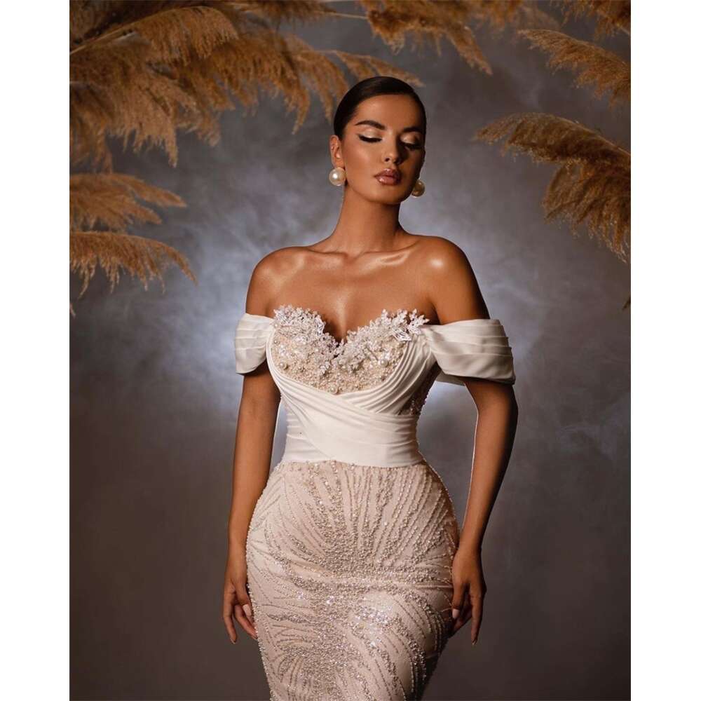 Beige Wedding Dress Pearls Appliqued Bridal Gown Detachable Train Custom Made Off Shoulder Robe Lace Up Back