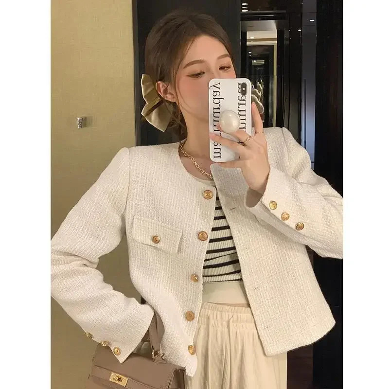 Fashion Small Fragrance Tweed Jacket Coat Women Korean Loose Elegant All Match Coats Autumn O Neck Single Breasted Outerwear 240514