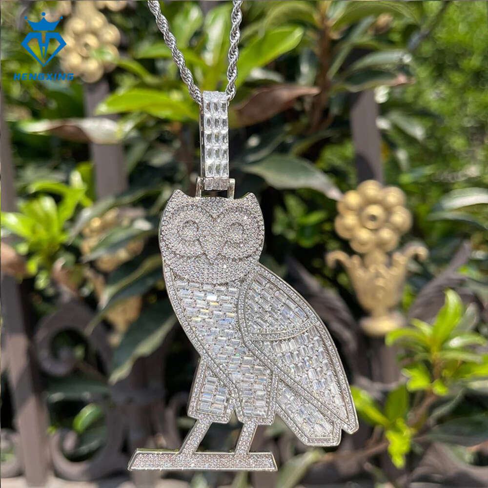 Hip Hop Jewelry Sier Rose Gold Plated Baguette Cut VVS Moissanite Animal Owl Pendants Charms Necklace Men And Women