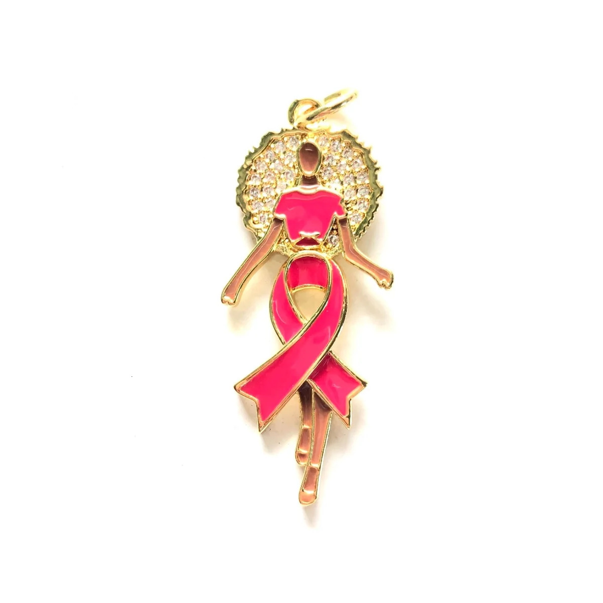5pcs Enamal Pink Ribbon Afro Black Girl Charms Zirconia Pave Breast Cancer Awareness Pendants for Women Bracelet Necklace Making 240514