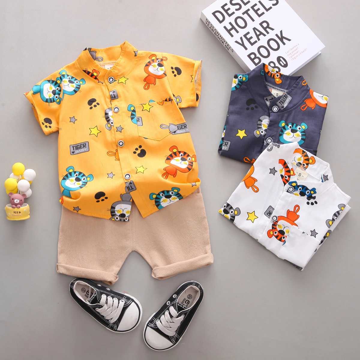 Clothing Sets 2PCS Infant and Toddler Summer Fashion Cartoon Tiger Animal Random Print Shirt Shorts Set