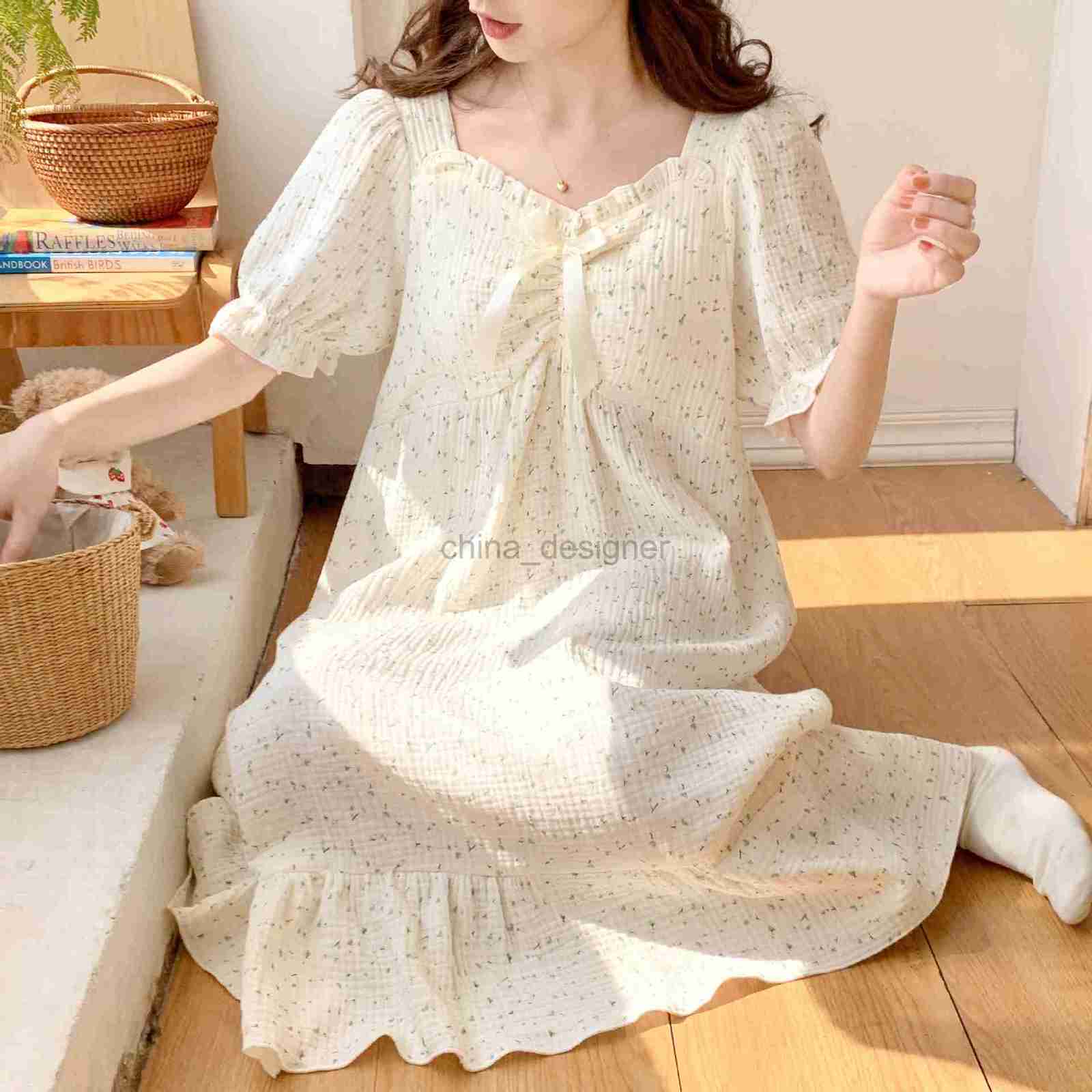 Women's summer pure cotton gauze short sleeved medium length dress with chest pad for sleeping, can be worn as a sweet maternity home outfit
