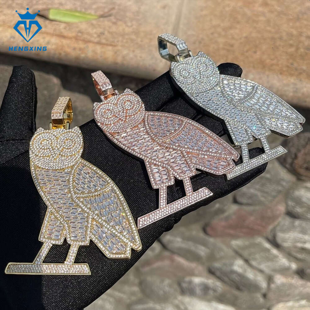 Hip Hop Jewelry Sier Rose Gold Plated Baguette Cut VVS Moissanite Animal Owl Pendants Charms Necklace Men And Women