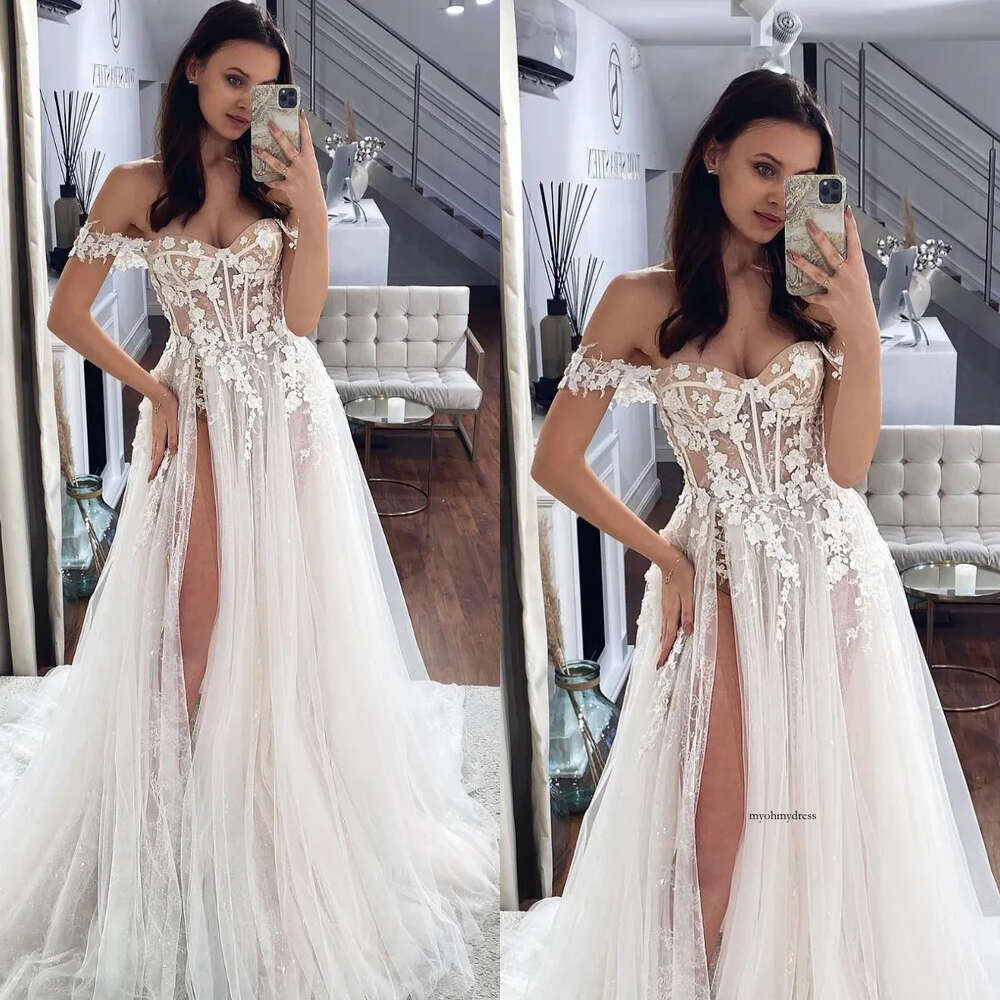 Boho A Line Dresses For Bride Off Shoulder Appliques Wedding Dress Bone Bodice Split Long Designer Bridal Gowns 0515