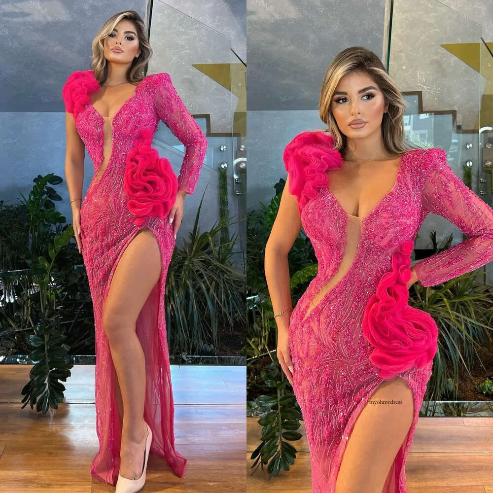 Rosy Pink Mermaid Evening Beads V Neck Formal Party Prom Dress Ruffle Flower Split Pleats Red Carpet Long Dresses For Special Ocn 0515