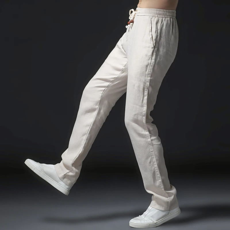 Pure Linen Men Casual Pants Solid White Straight Breathable Fashion Comfortable Full Length Trousers Male Autumn Pant 240515