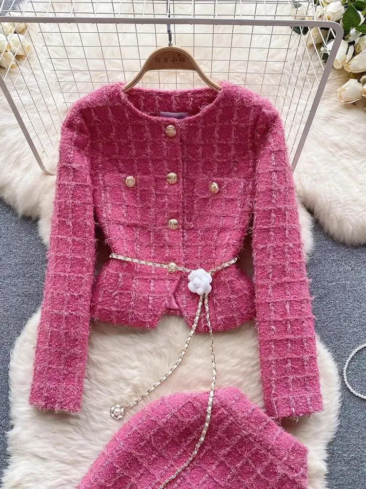 Autumn Winter Fashion Rose Red Woolen Two Piece Set Women Golden Button Chain Belt Tweed Short Jacket CoatSplit Midi Skirt Suit 240507