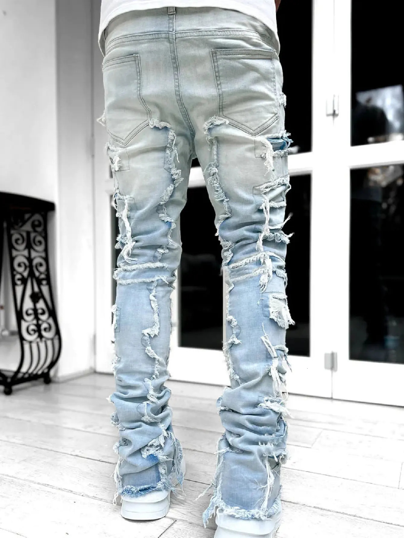 Ripped Jeans Male Retro Trend Street Style Fashion Spliced Slim Versatile Men Casual Straight Denim Pants 240430