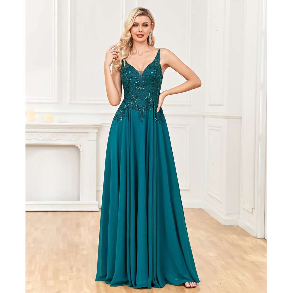 Lace Appliques Chiffon Prom Long A Line Formal Dresses for Women Split V Neck Evening Party Ball Gown prom AMZ