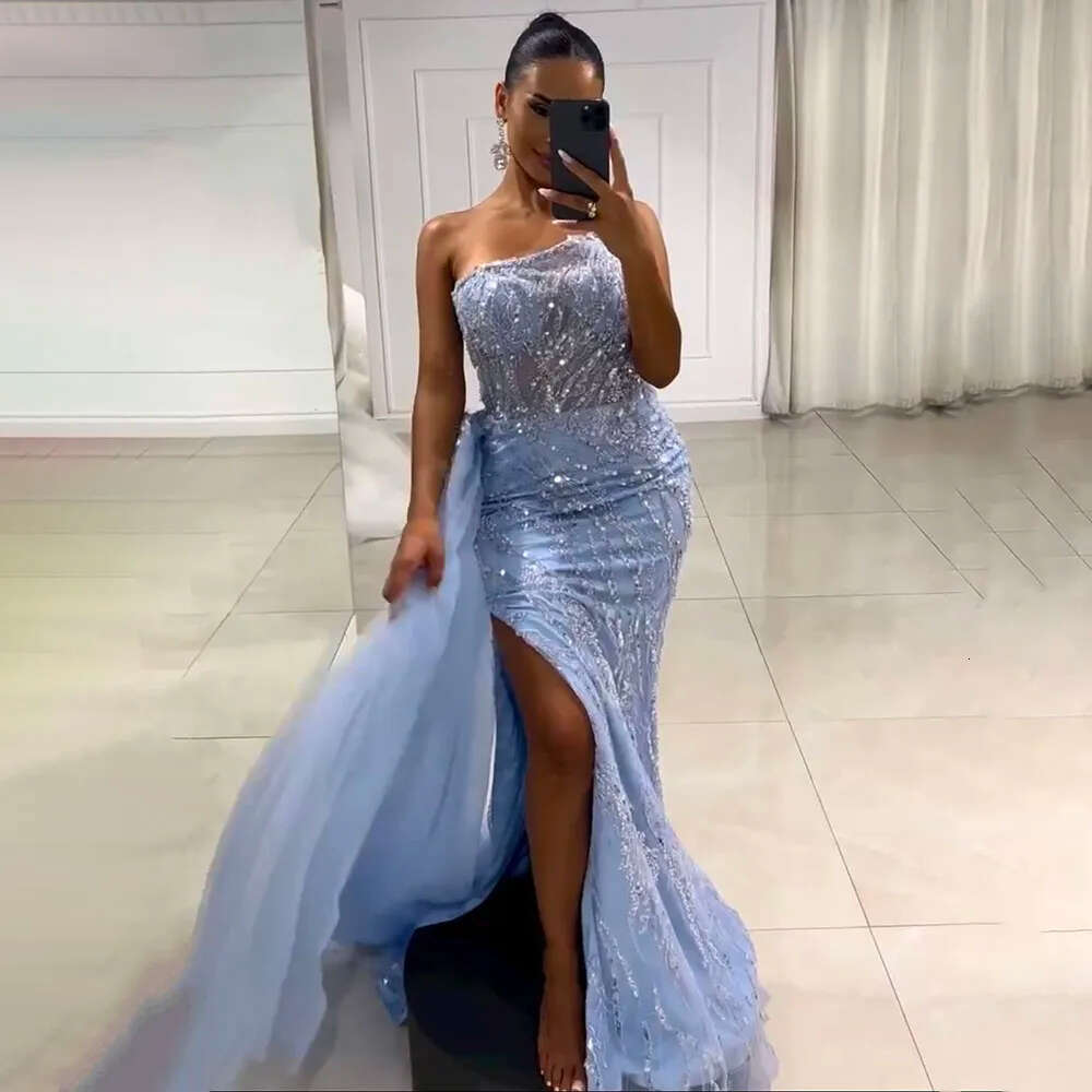 Tulle Evening Dresses Crystal High Split Sequined Strapless Mermaid Beaded Formal Party Prom Gowns Vestidos De Gala 6660306