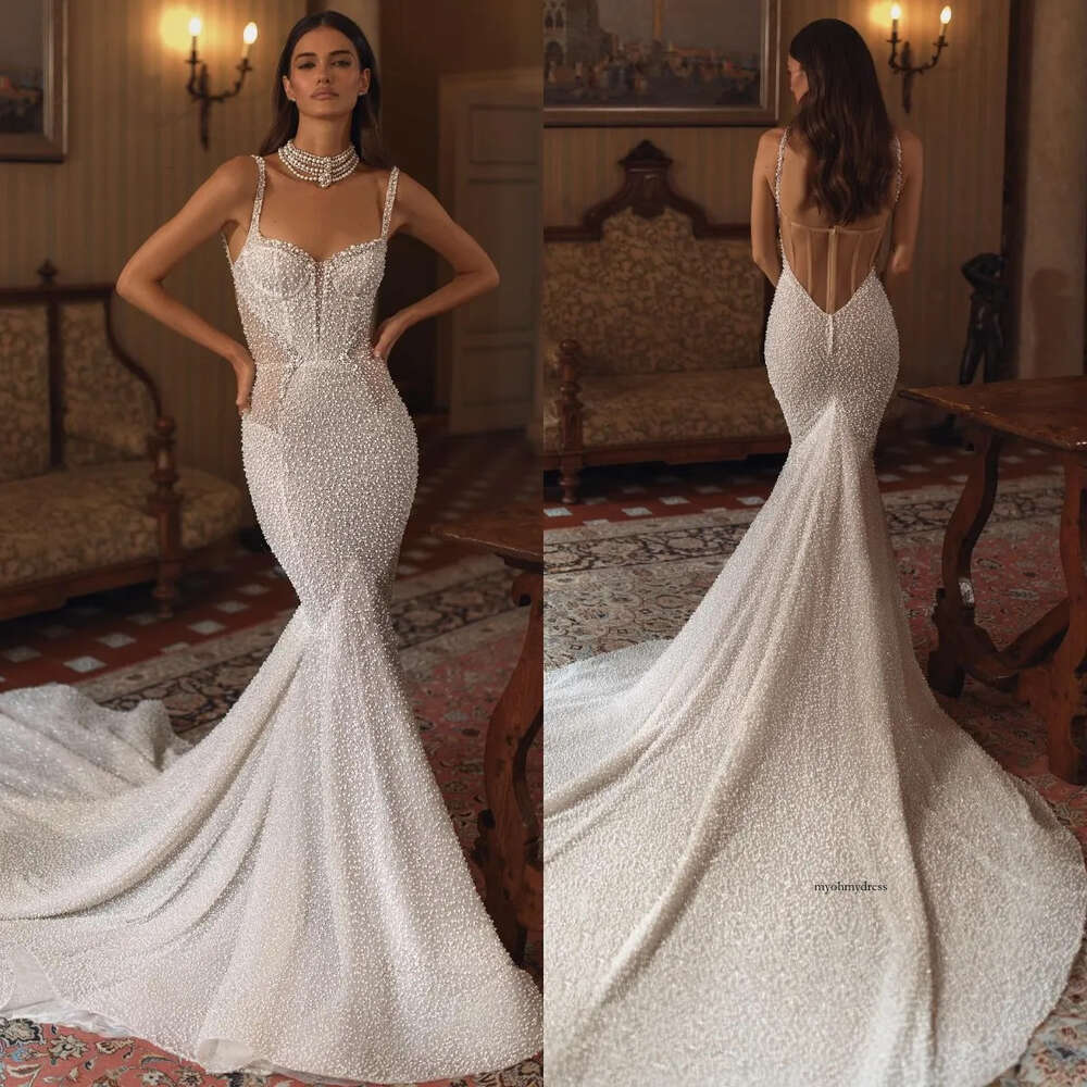Berta Pearls Mermaid Dresses Spaghetti Wedding Dress Sweep Train Illusion Back Bridal Gowns 0515